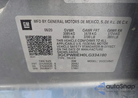 2020 Chevrolet Silverado 1500 2Wd Short Bed Custom from USA, damaged, VIN 3GCPWBEH0LG334780